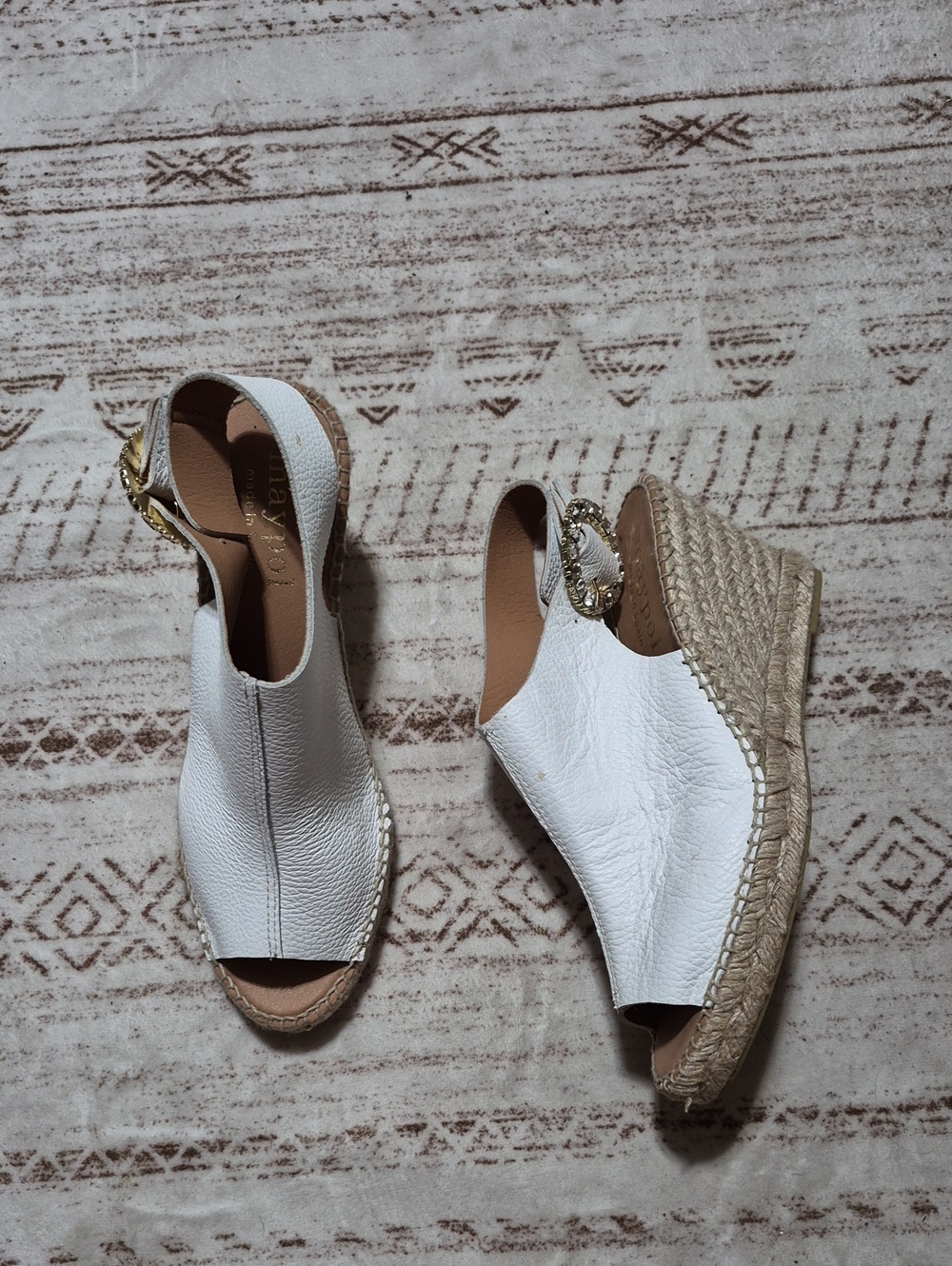 White Leather Espadrille Wedge Sandals with Gold Buckle